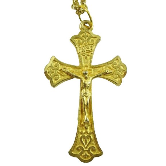 Golden Pewter Crucifix Long Statement Cross Necklace - Picture 2 of 8